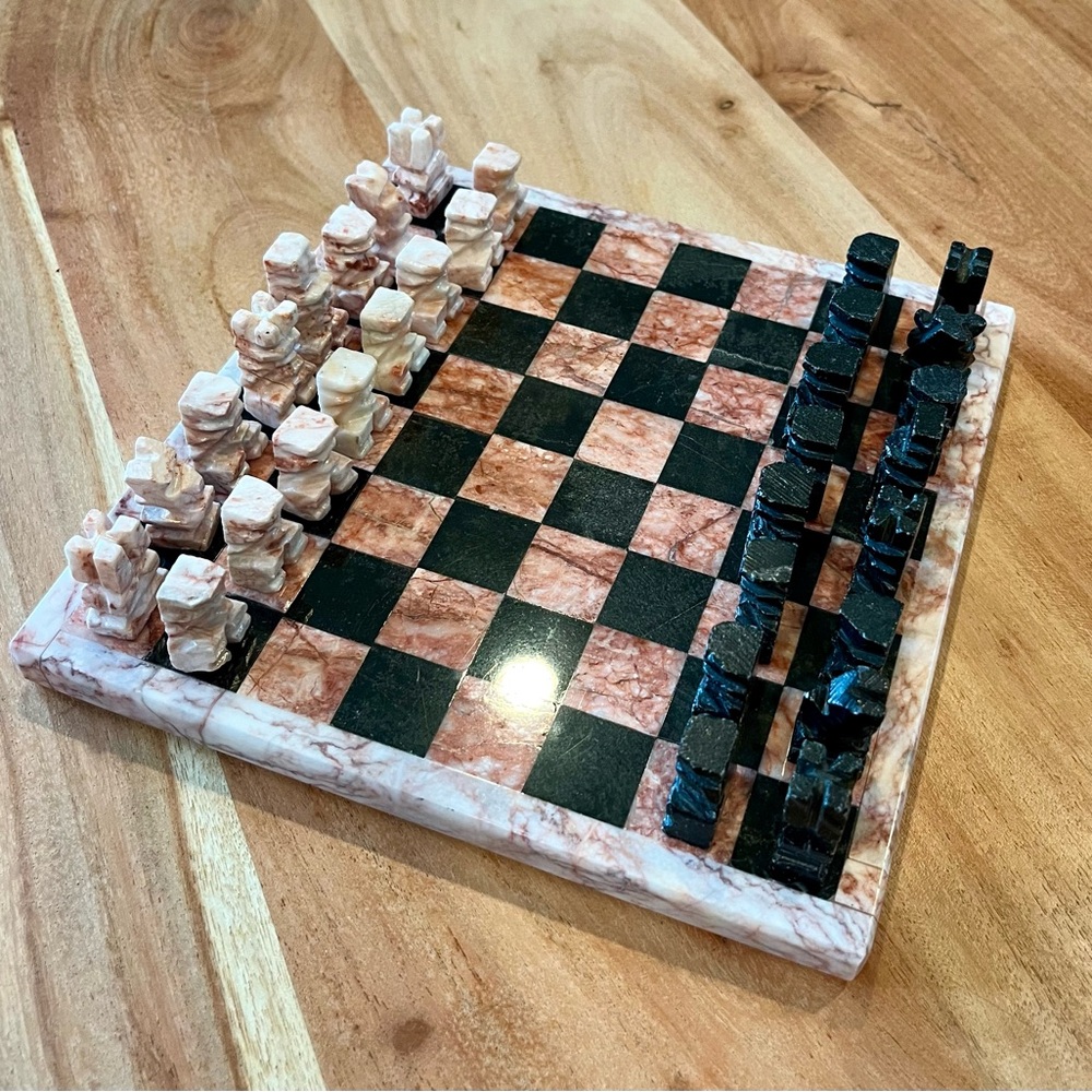 Marble Chess Set in Pink Marble and Black Stone - Elegant Board Game